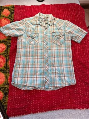 Southern Thread Men’s Short-Sleeve Plaid Button-Down Shirt - Aqua & Tan